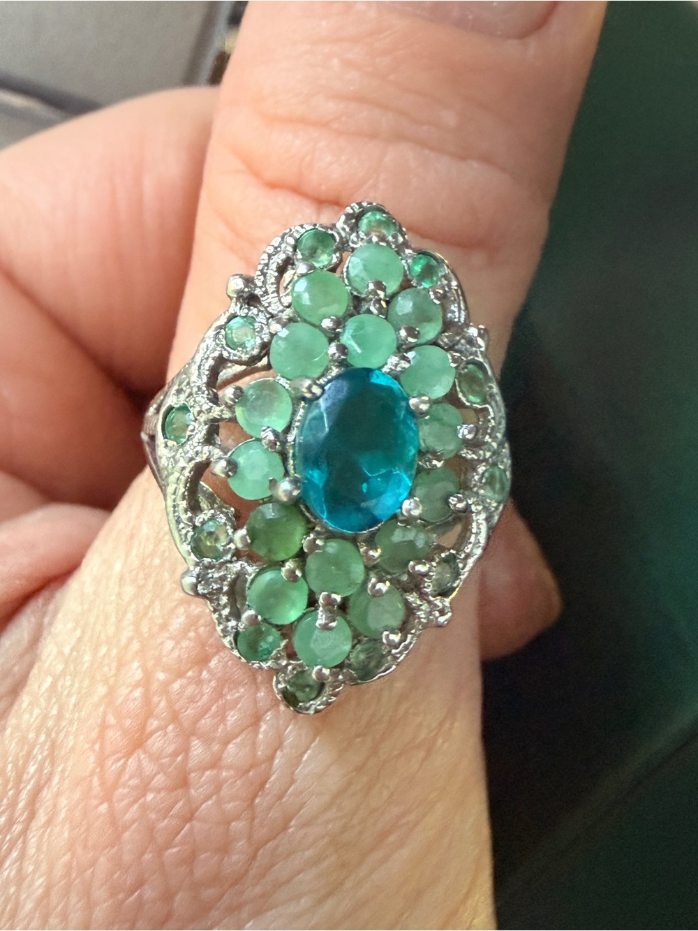 Ethiopian Blue Opal & Emerald vintage 
Ring 925 Silver 14K WG Sz8.5